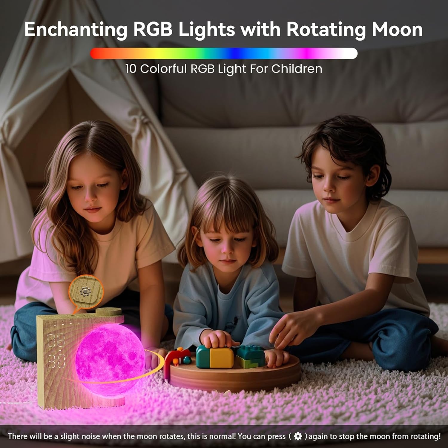 Rotatable Moonlight Sunrise Alarm Clock with Sound Machine, Night Lamp, Snooze Function, 10 Light Effects, Adjustable Timer, 10 Nature Sounds, 15 Ringtones, and 12 Volume Levels in Light Woodgrain Finish