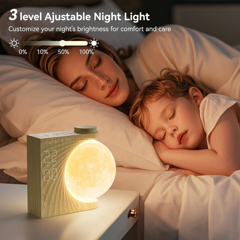Rotatable Moonlight Sunrise Alarm Clock with Sound Machine, Night Lamp, Snooze Function, 10 Light Effects, Adjustable Timer, 10 Nature Sounds, 15 Ringtones, and 12 Volume Levels in Light Woodgrain Finish