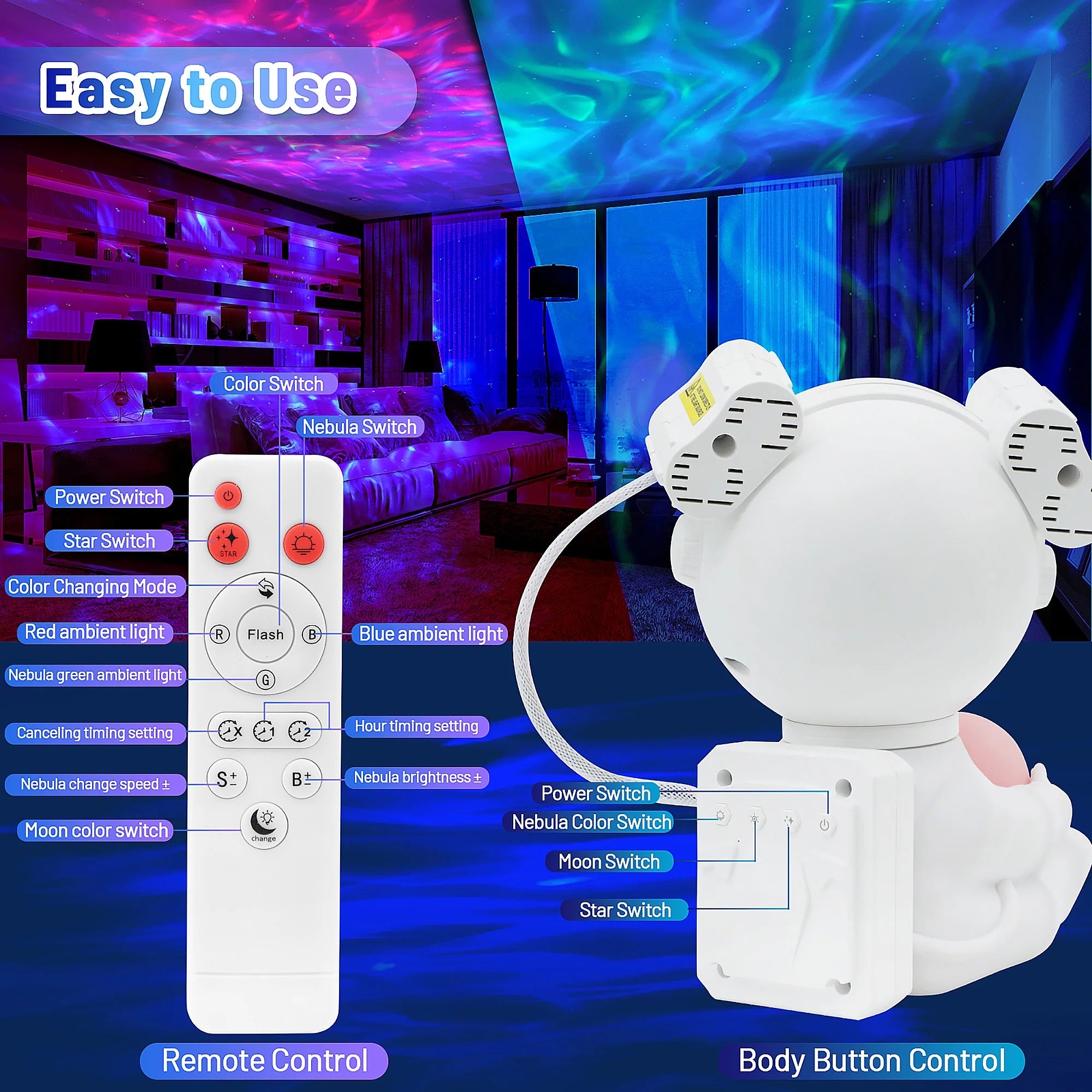 Astronaut Galaxy Projector, 2 in 1 Night Light for Bedroom with Moon Lamp, Star Projector Galaxy Light for Kids Christmas