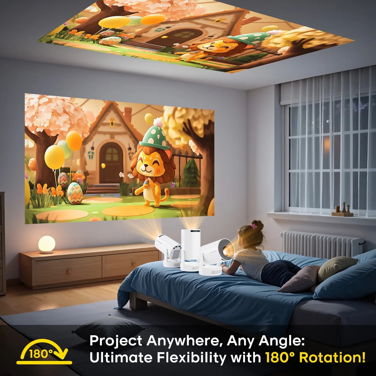 Mini Projector 4K Support with Wifi 6 and BT 5.4, 5W Soundbase Speaker, Auto Vertical Keystone 180° Rotatable Portable Projector for Home Bedroom Outdoor Movies Hy300Pro+ White