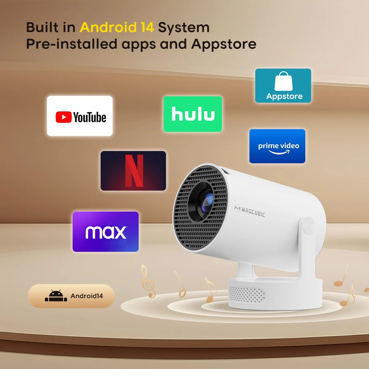Mini Projector 4K Support with Wifi 6 and BT 5.4, 5W Soundbase Speaker, Auto Vertical Keystone 180° Rotatable Portable Projector for Home Bedroom Outdoor Movies Hy300Pro+ White