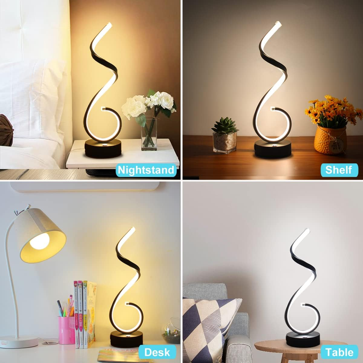 Modern Spiral LED Table Lamp Set of 2, 10W Touch Control Table Lamp with USB Charging Ports, Dimmable 3 Color Modes Bedside Nightstand Desk Lamp Light for Bedroom, Living Room, Office -Black