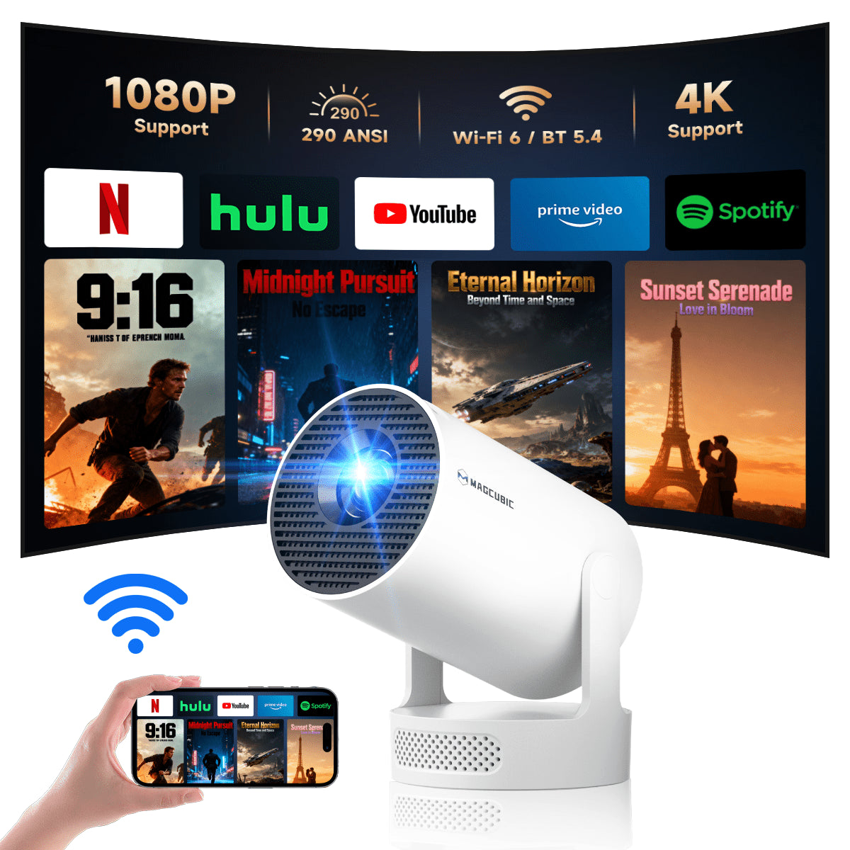 Mini Projector 4K Support with Wifi 6 and BT 5.4, 5W Soundbase Speaker, Auto Vertical Keystone 180° Rotatable Portable Projector for Home Bedroom Outdoor Movies Hy300Pro+ White