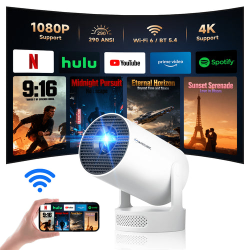 Mini Projector 4K Support with Wifi 6 and BT 5.4, 5W Soundbase Speaker, Auto Vertical Keystone 180° Rotatable Portable Projector for Home Bedroom Outdoor Movies Hy300Pro+ White