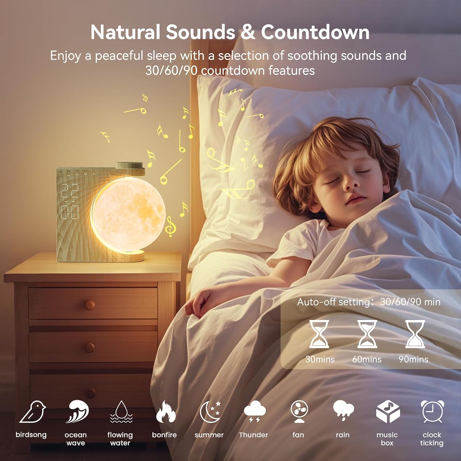 Rotatable Moonlight Sunrise Alarm Clock with Sound Machine, Night Lamp, Snooze Function, 10 Light Effects, Adjustable Timer, 10 Nature Sounds, 15 Ringtones, and 12 Volume Levels in Light Woodgrain Finish