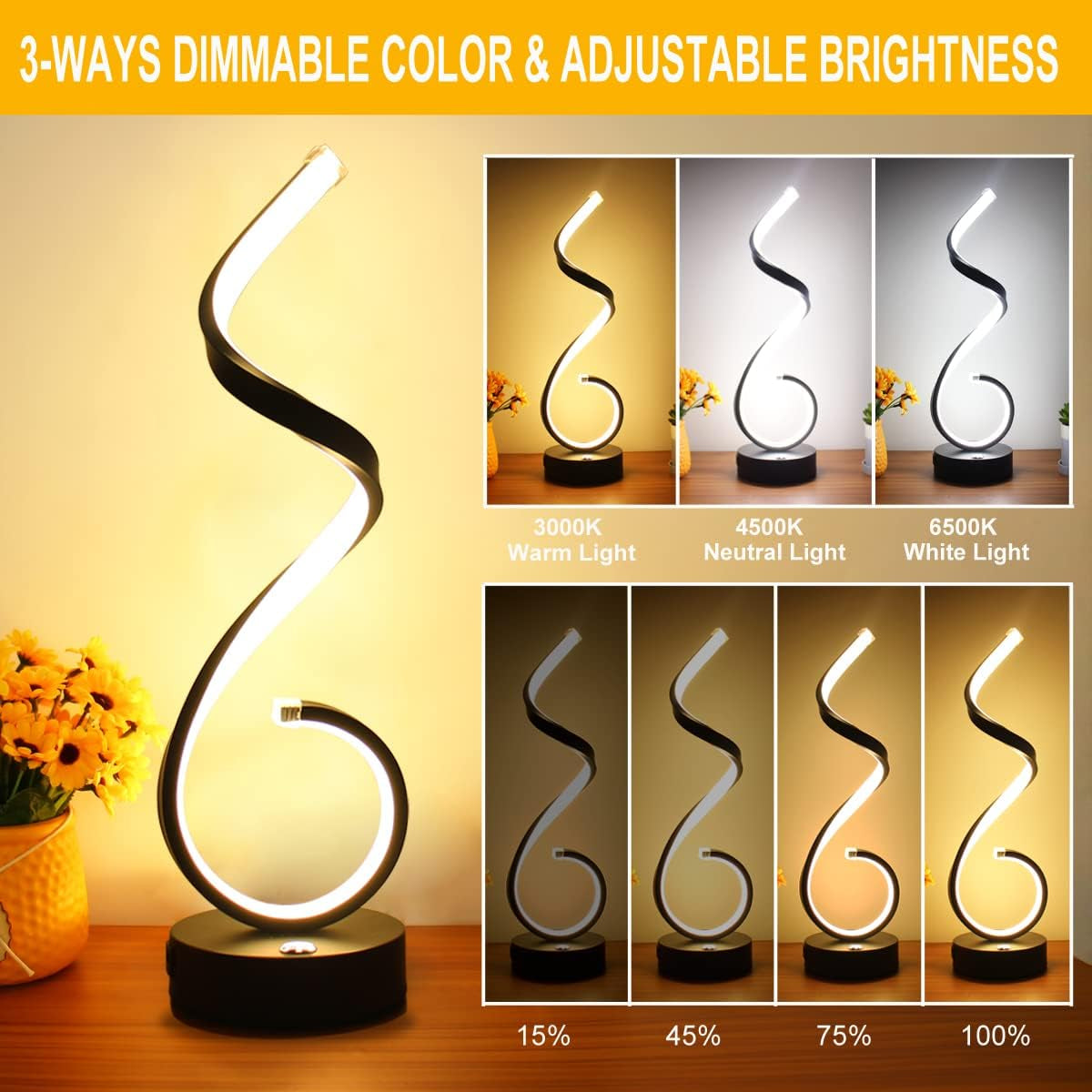 Modern Spiral LED Table Lamp Set of 2, 10W Touch Control Table Lamp with USB Charging Ports, Dimmable 3 Color Modes Bedside Nightstand Desk Lamp Light for Bedroom, Living Room, Office -Black