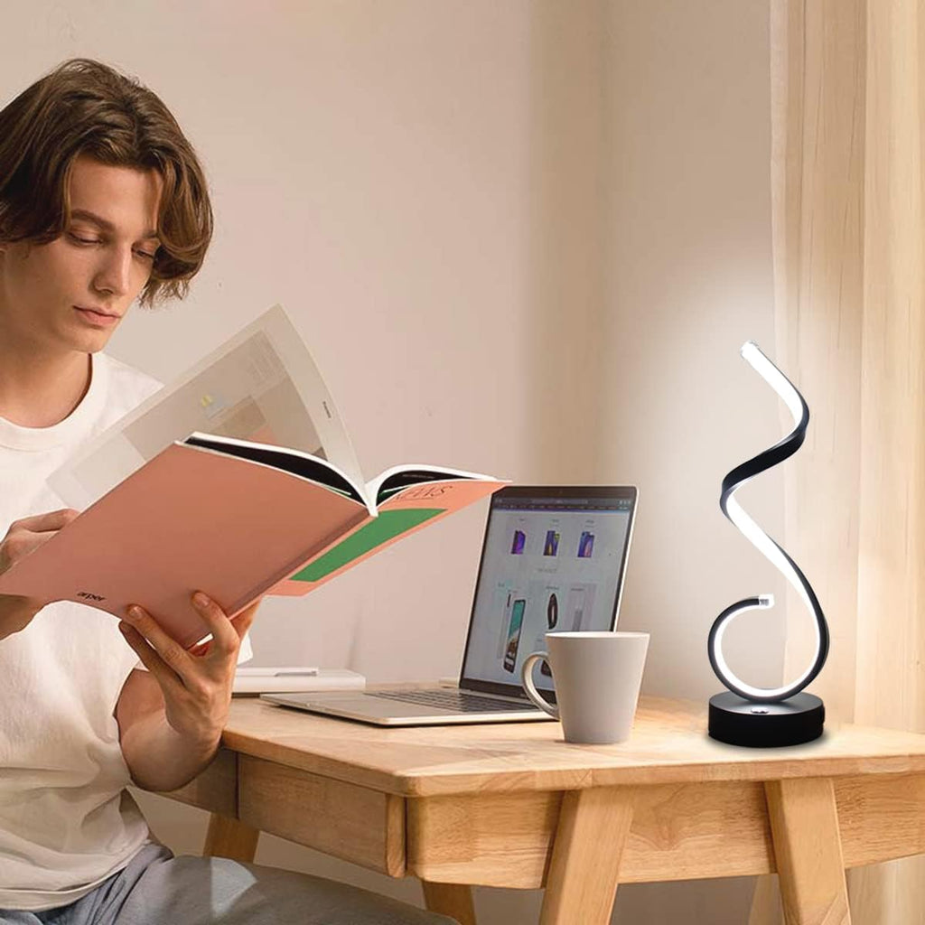Modern Spiral LED Table Lamp Set of 2, 10W Touch Control Table Lamp with USB Charging Ports, Dimmable 3 Color Modes Bedside Nightstand Desk Lamp Light for Bedroom, Living Room, Office -Black