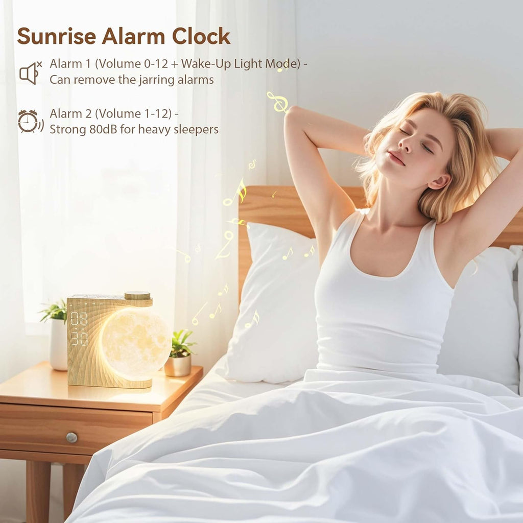 Rotatable Moonlight Sunrise Alarm Clock with Sound Machine, Night Lamp, Snooze Function, 10 Light Effects, Adjustable Timer, 10 Nature Sounds, 15 Ringtones, and 12 Volume Levels in Light Woodgrain Finish