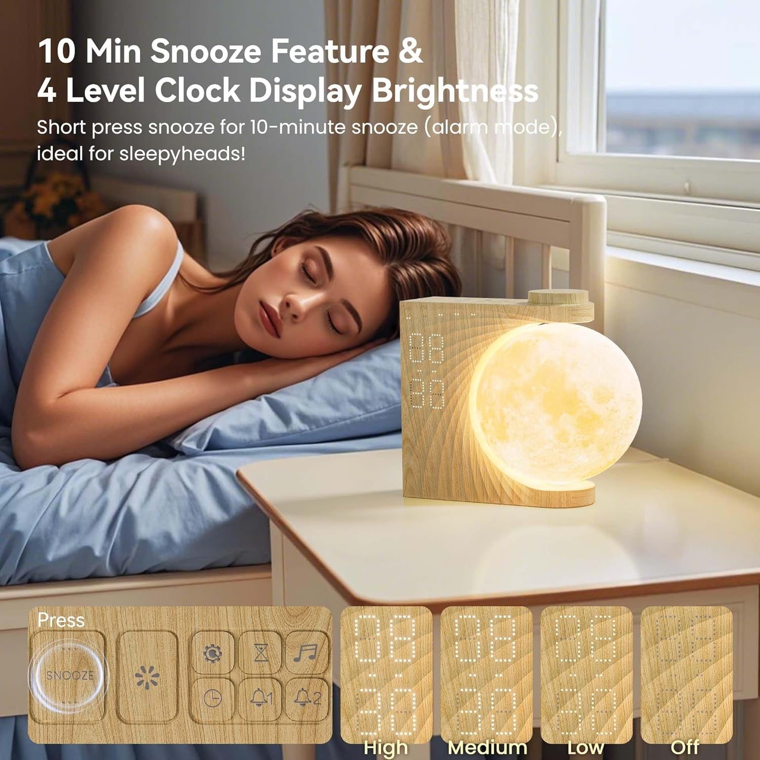 Rotatable Moonlight Sunrise Alarm Clock with Sound Machine, Night Lamp, Snooze Function, 10 Light Effects, Adjustable Timer, 10 Nature Sounds, 15 Ringtones, and 12 Volume Levels in Light Woodgrain Finish