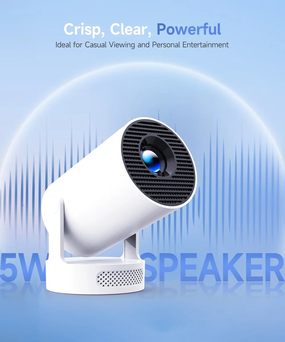 Mini Projector 4K Support with Wifi 6 and BT 5.4, 5W Soundbase Speaker, Auto Vertical Keystone 180° Rotatable Portable Projector for Home Bedroom Outdoor Movies Hy300Pro+ White