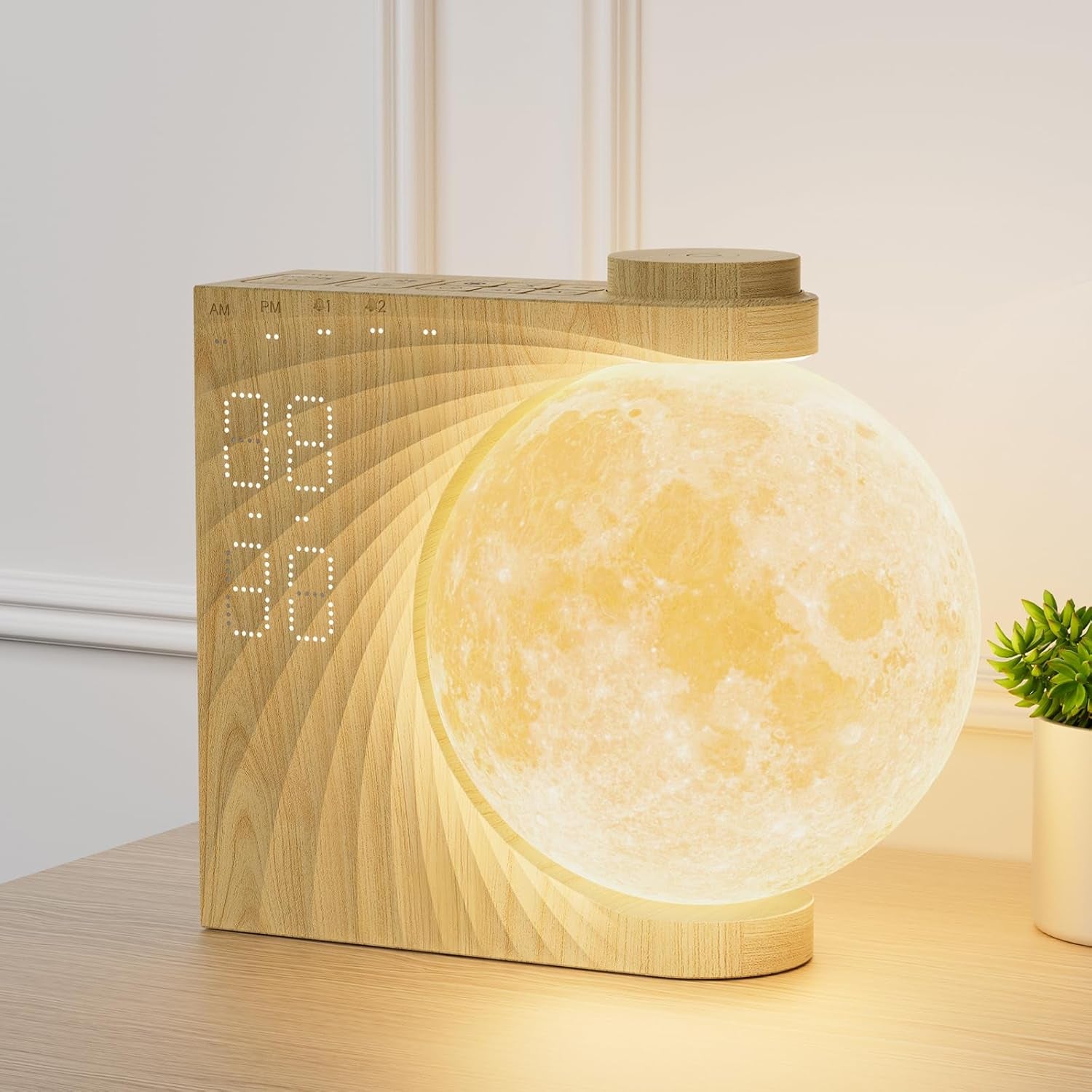 Rotatable Moonlight Sunrise Alarm Clock with Sound Machine, Night Lamp, Snooze Function, 10 Light Effects, Adjustable Timer, 10 Nature Sounds, 15 Ringtones, and 12 Volume Levels in Light Woodgrain Finish