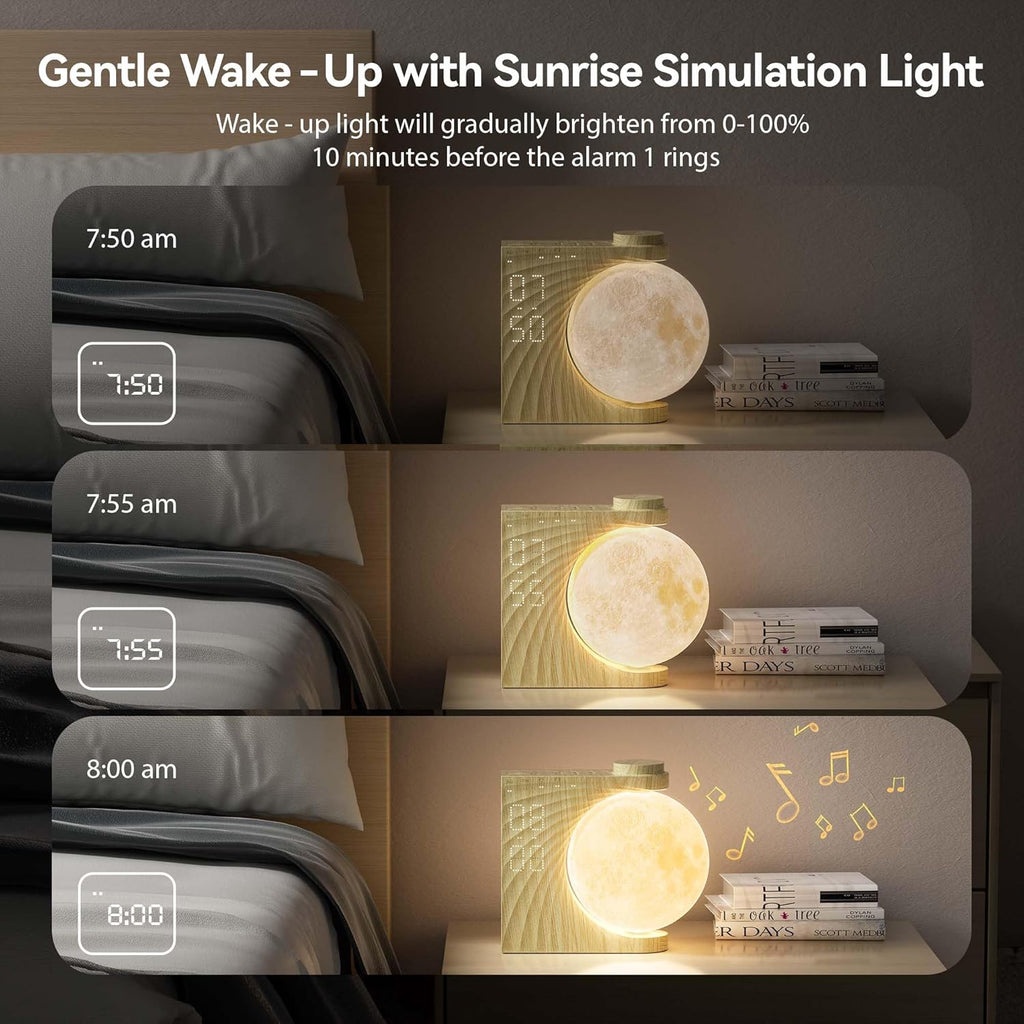 Rotatable Moonlight Sunrise Alarm Clock with Sound Machine, Night Lamp, Snooze Function, 10 Light Effects, Adjustable Timer, 10 Nature Sounds, 15 Ringtones, and 12 Volume Levels in Light Woodgrain Finish