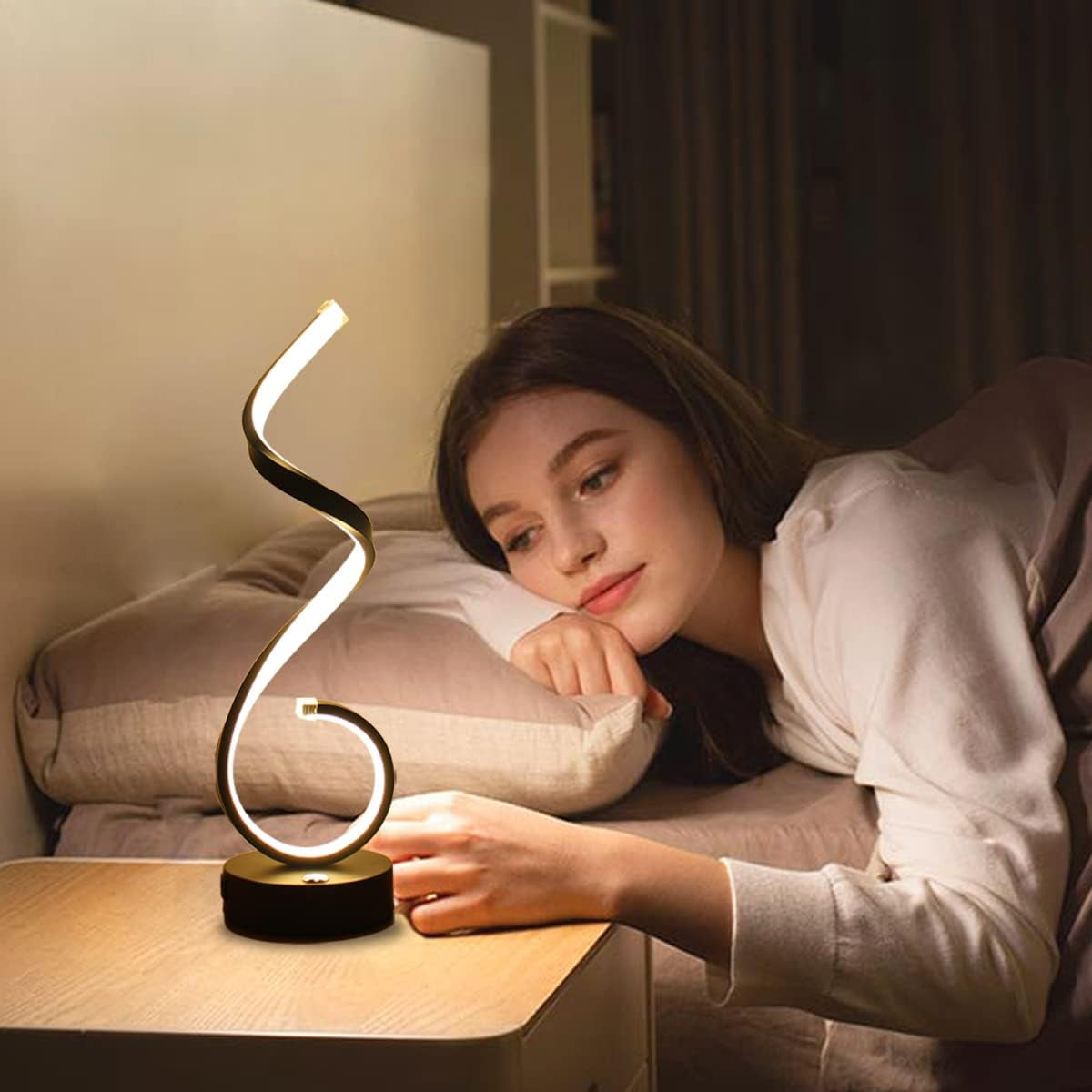 Modern Spiral LED Table Lamp Set of 2, 10W Touch Control Table Lamp with USB Charging Ports, Dimmable 3 Color Modes Bedside Nightstand Desk Lamp Light for Bedroom, Living Room, Office -Black