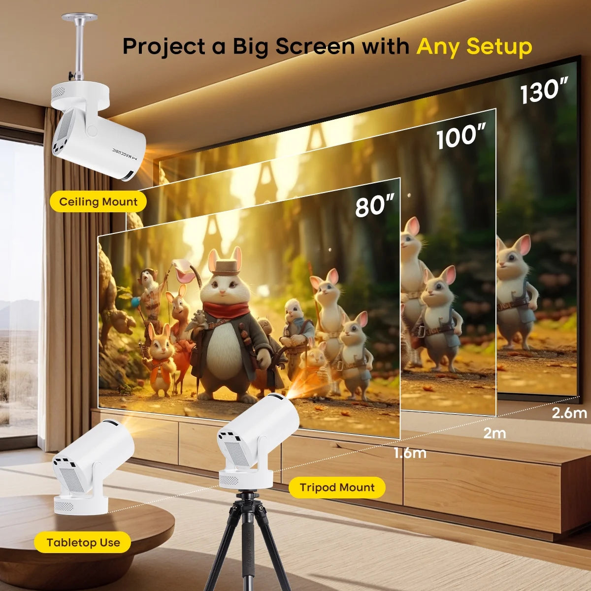 Mini Projector 4K Support with Wifi 6 and BT 5.4, 5W Soundbase Speaker, Auto Vertical Keystone 180° Rotatable Portable Projector for Home Bedroom Outdoor Movies Hy300Pro+ White